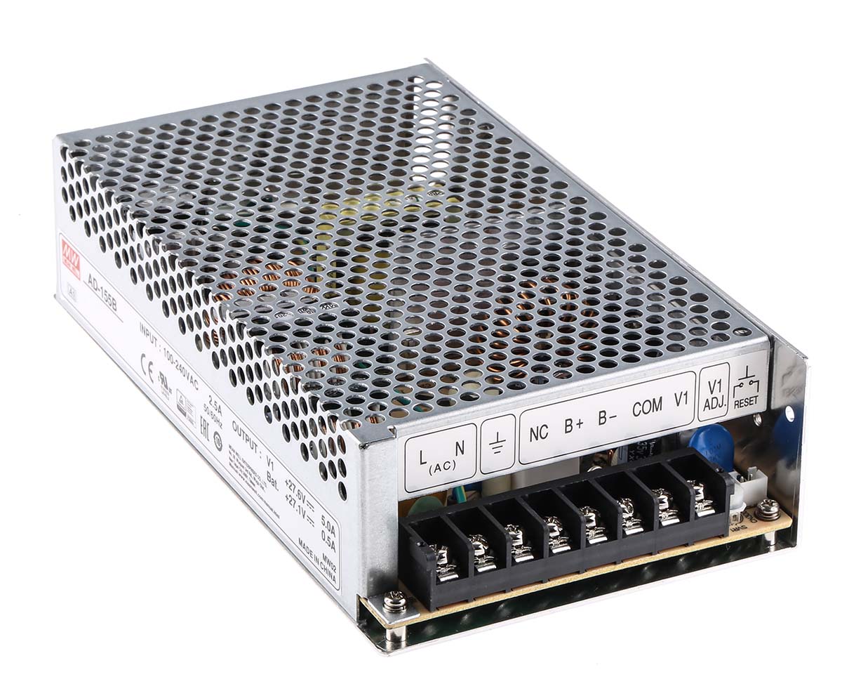MEAN WELL Switching Power Supply, AD-155B, 27.1 V dc, 27.6 V dc, 5 A, 500 mA, 151.5W, Dual Output, 124 → 370 V