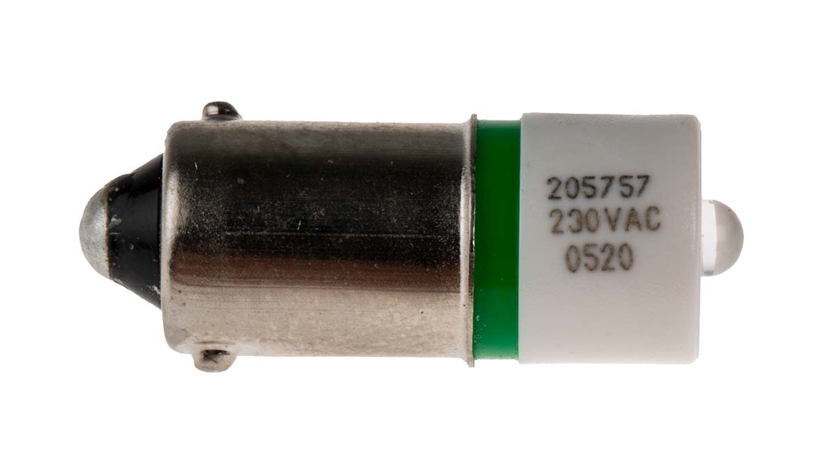 RS PRO Green LED Indicator Lamp, 230V ac, BA9s Base, 10mm Diameter, 345mcd
