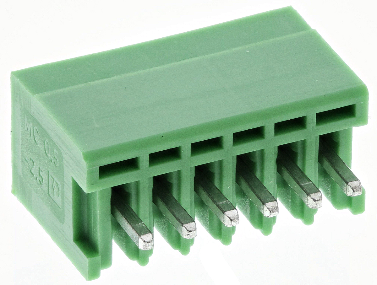 Phoenix Contact, 2.5mm Pitch, MCV 0.5/ 6-G-2.5, 6 Way, , Pluggable Terminal Block, Header, Through Hole, Solder
