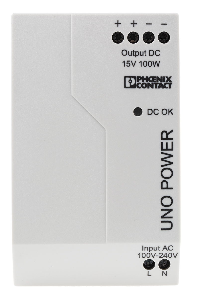 Phoenix Contact UNO POWER Switched Mode DIN Rail Power Supply, 85 → 264V ac ac Input, 15V dc dc Output, 6.67A