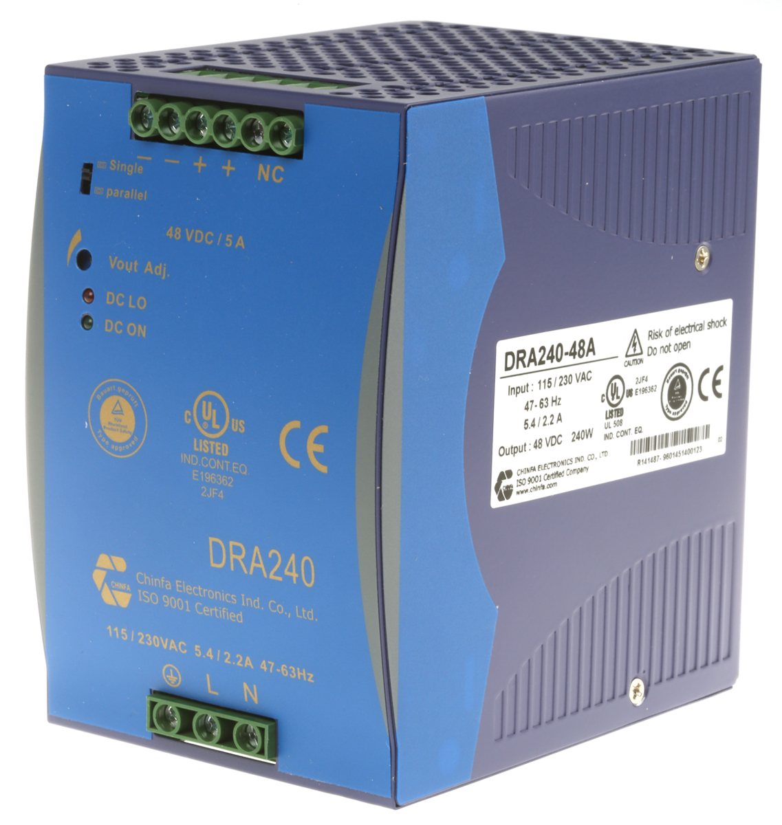 Chinfa DRA240 Switched Mode DIN Rail Power Supply, 90 → 264V ac ac Input, 48V dc dc Output, 5A Output, 240W