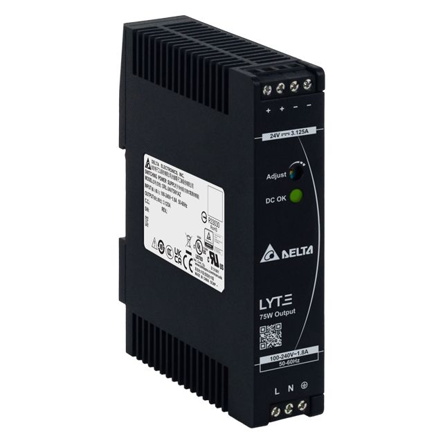 Delta Electronics DRL Switched Mode DIN Rail Power Supply, 85 → 264V ac ac Input, 24V dc dc Output, 3.125A