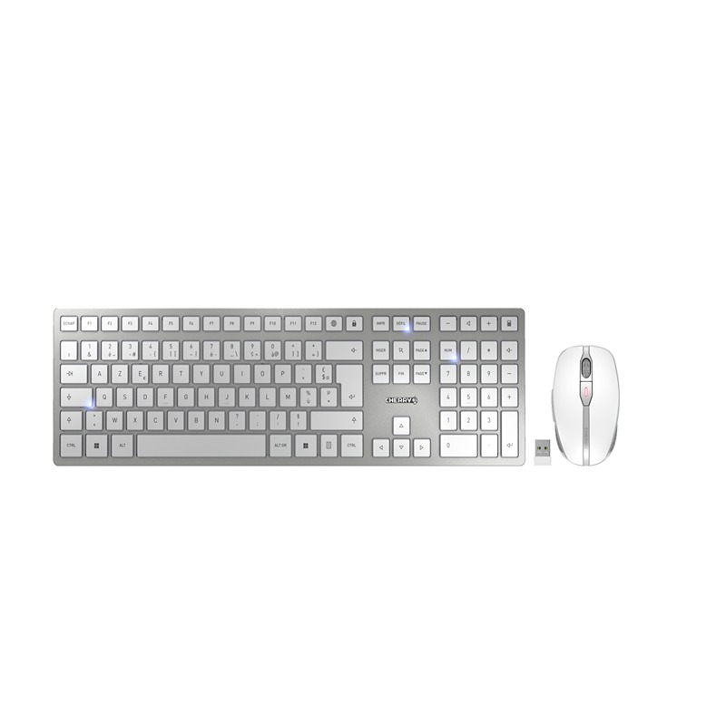 Cherry CHERRY DW 9100 SLIM Wireless Ergonomic Keyboard and Mouse Set, AZERTY (France), Silver/White