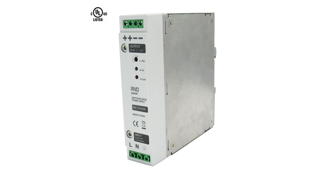 RND RND 315 Switched Mode DIN Rail Power Supply, 100 → 240V ac ac Input, 24V dc dc Output, 2.2A Output, 50W