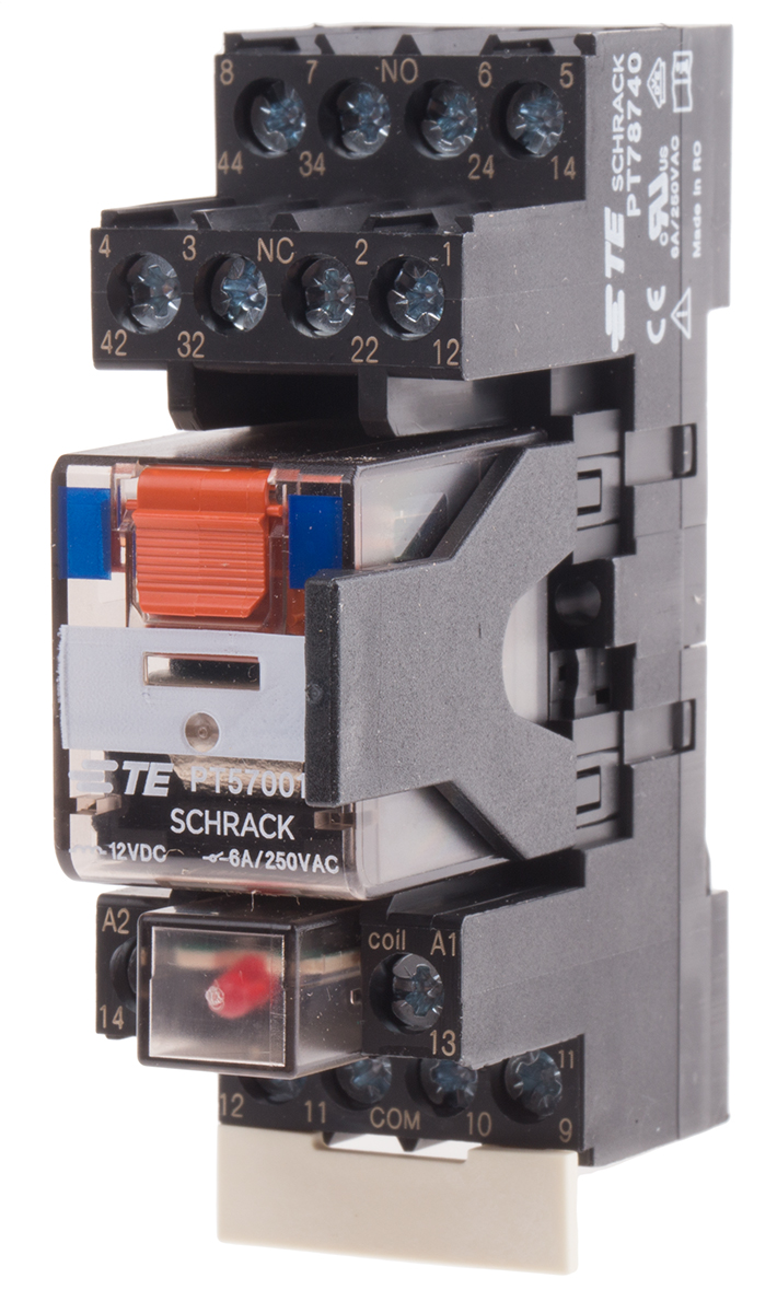 TE Connectivity DIN Rail Power Relay, 12V dc Coil, 6A Switching Current, 4PDT