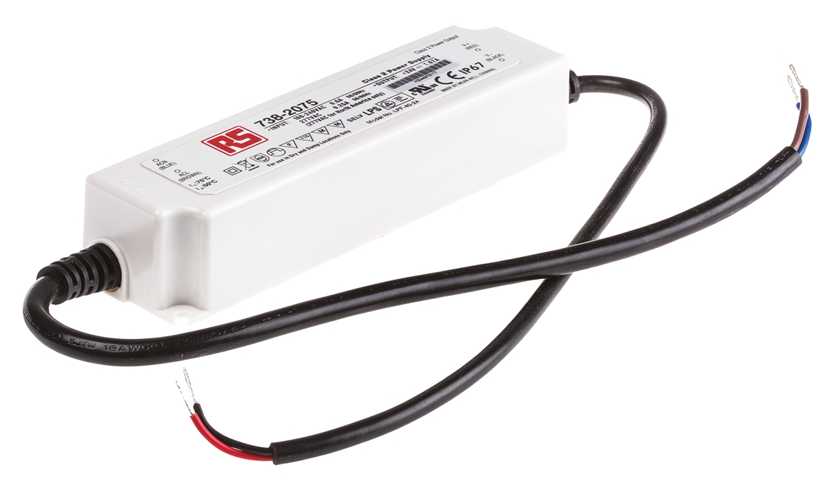 MEAN WELL LED Driver, 24V Output, 40.08W Output, 1.67A Output, Constant Voltage