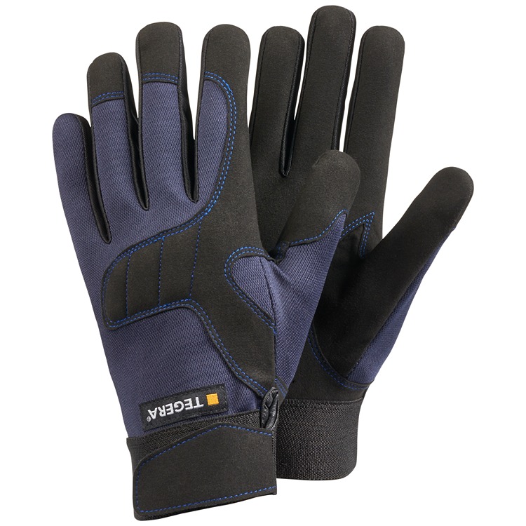 Tegera Black, Blue Unlined Synthetic Leather Work Gloves, Size 10