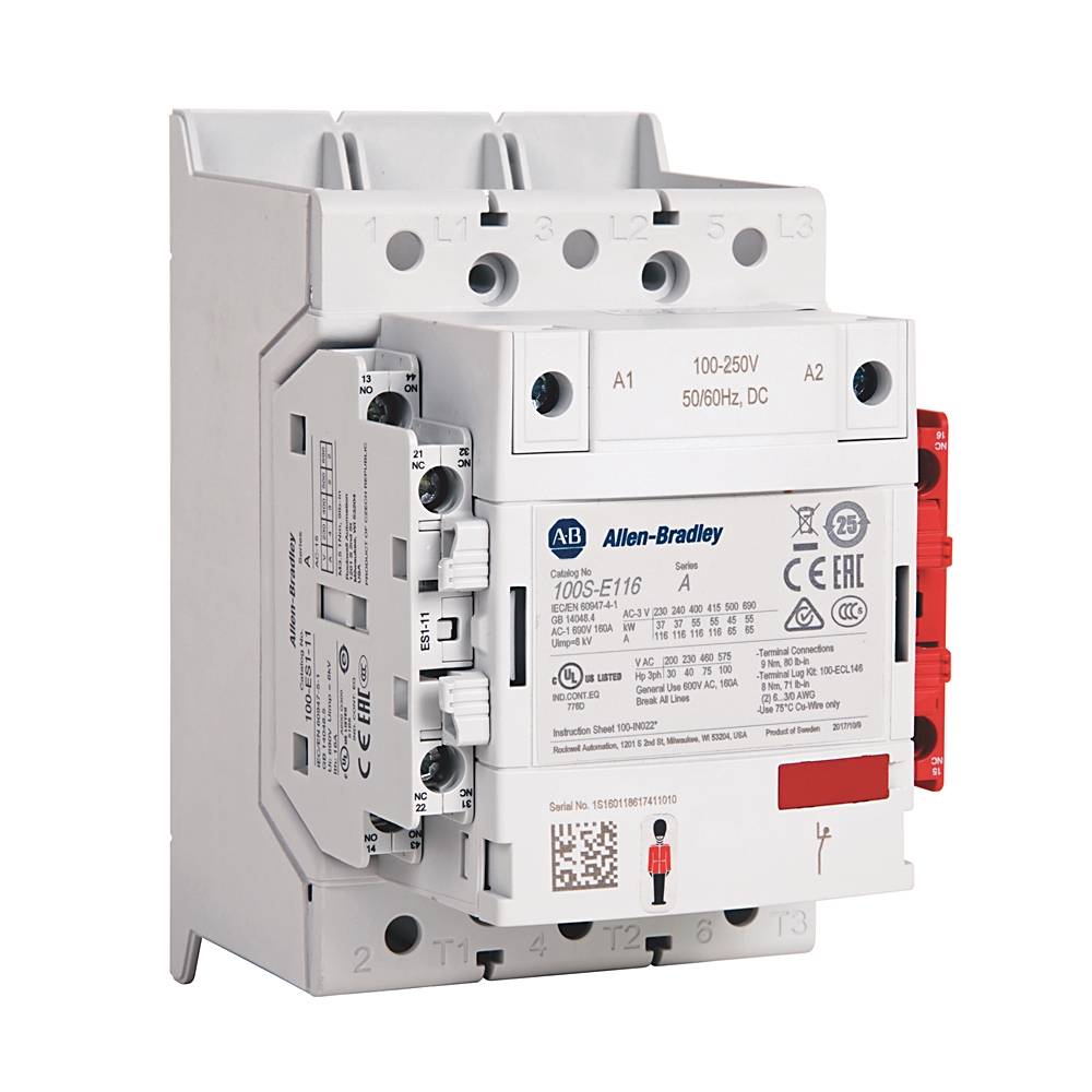 Allen Bradley 100S-E116KJ12C 100S-E Safety Contactors Contactor, 24 → 60 V ac Coil, 3-Pole, 116 A, 1NC