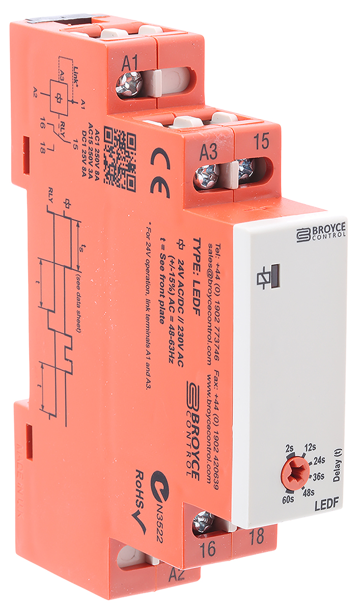 Broyce Control DIN Rail Mount Timer Relay, 24V ac, 1-Contact, 2 → 60s, 1-Function, SPDT