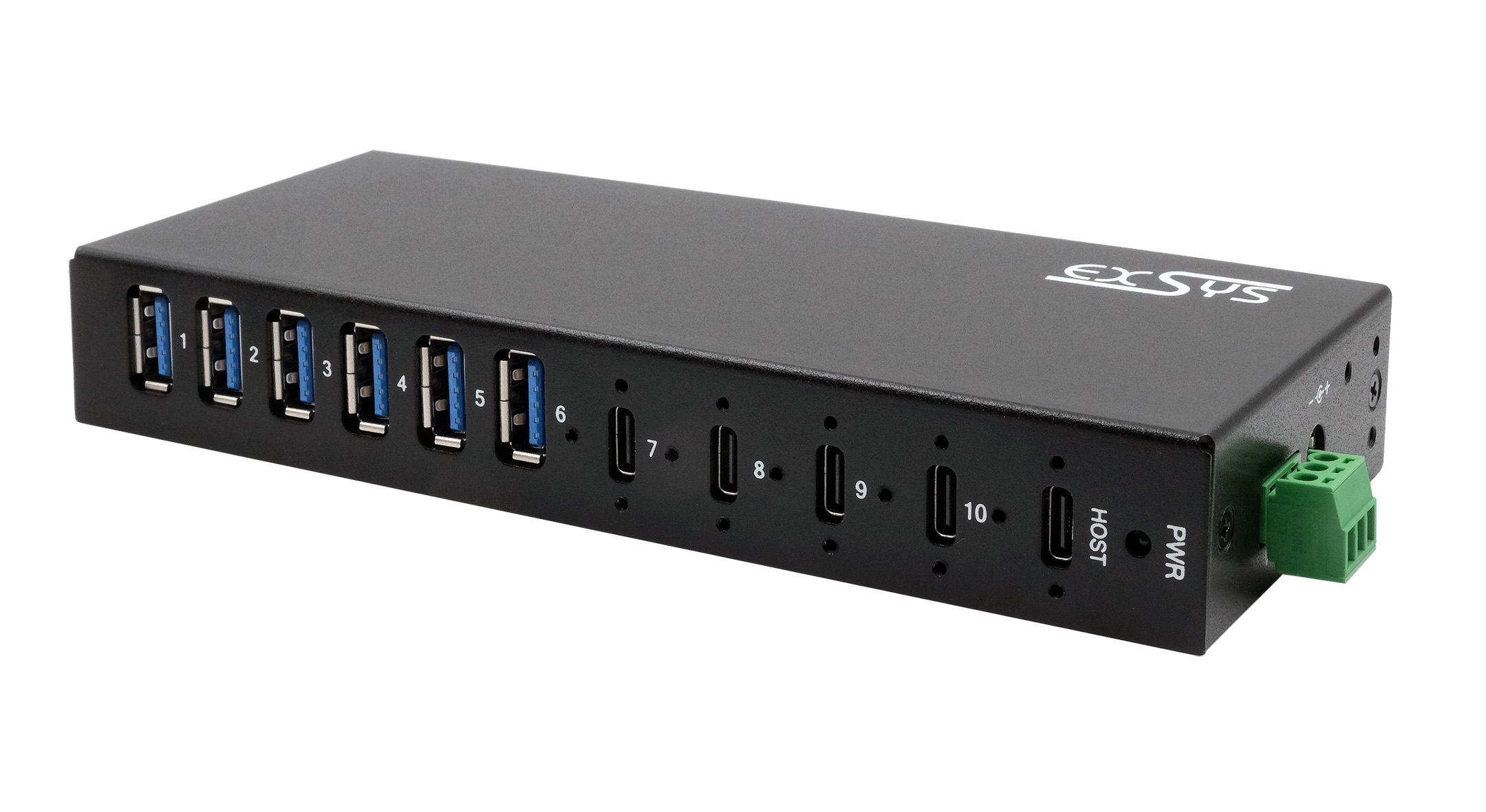 Exsys 10 Port USB 3.2 USB A, USB C  Hub, Terminal Connector Powered, 161 x 68 x 25mm