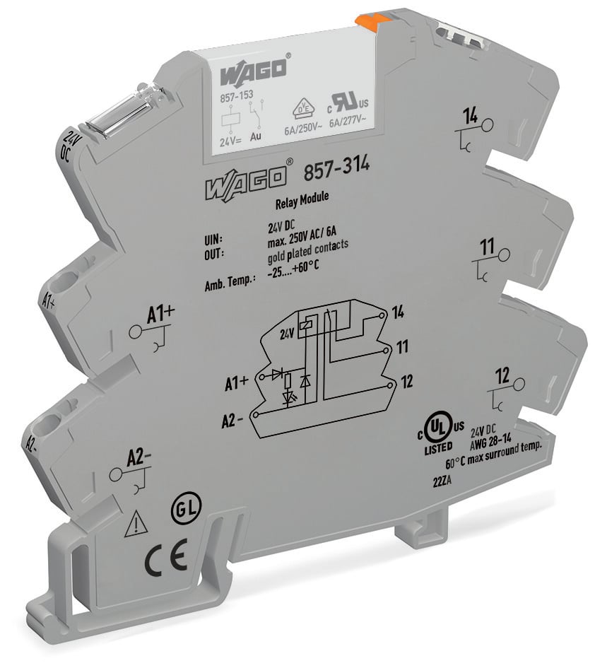 WAGO 857 Series Relay Module, DIN Rail Mount, 24V dc Coil, SPDT, 1-Pole, 6A Load
