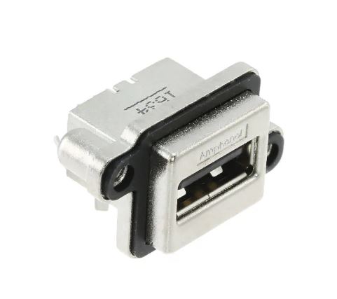 Amphenol Communications Solutions Right Angle, Panel Mount, Socket- Single Port Type A 2.0 IP67 USB Connector