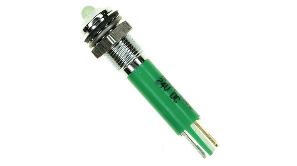 APEM Q6 Series Green Panel Mount Indicator, 24V dc, 6mm Mounting Hole Size, Faston, Solder Lug Termination, IP67