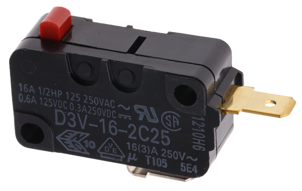 Omron Pin Plunger Micro Switch, Tab Terminal, 16 A @ 250 V ac, SPST, IP40
