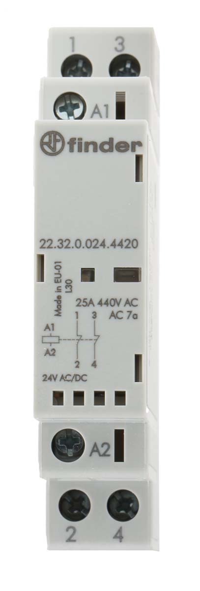 Finder 22 Contactor, 24 V ac/dc Coil, 2-Pole, 25 A, 2.2 W, 1NO + 1NC, 440 V