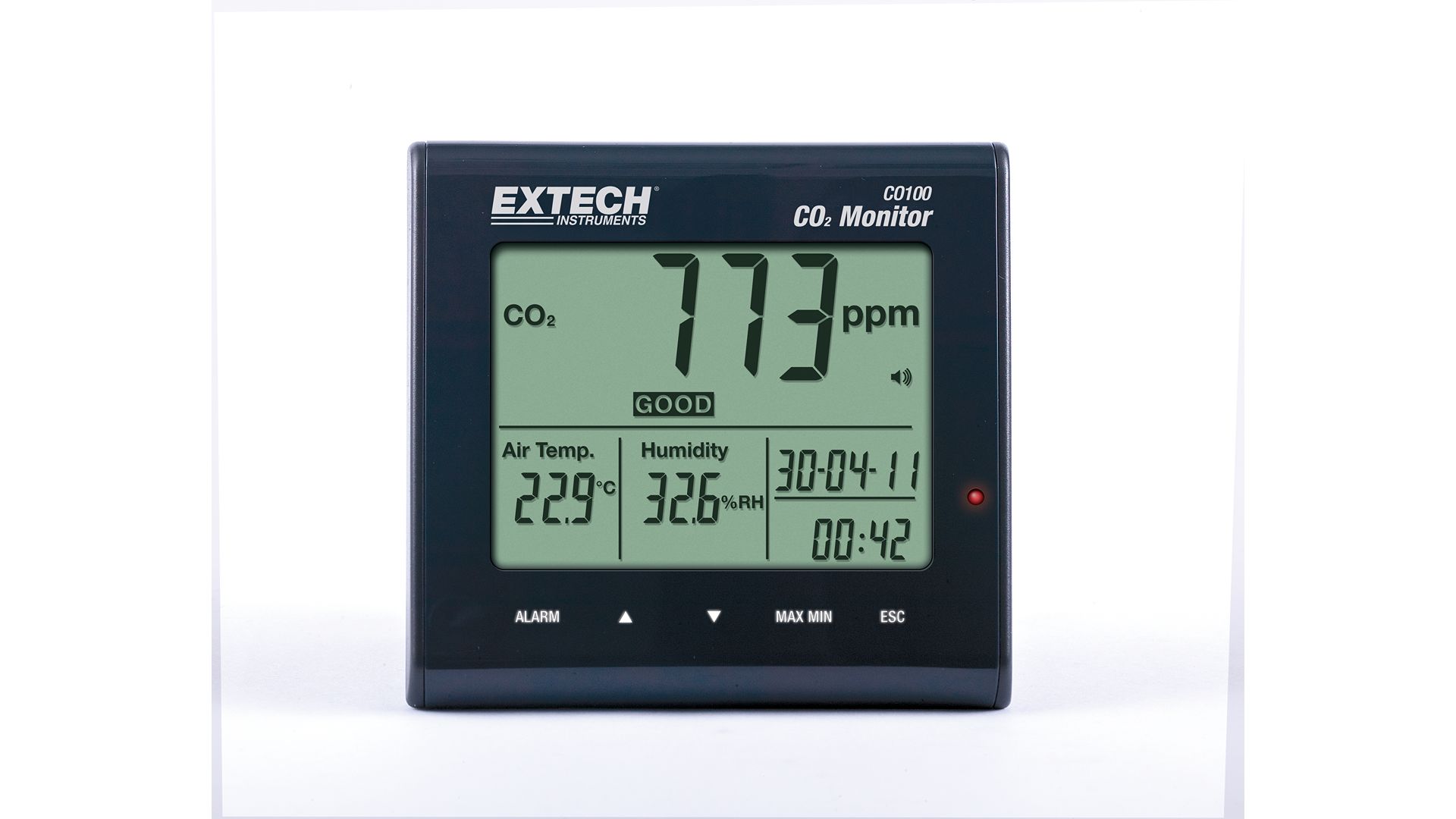 Extech CO100 Air Quality Monitor for CO2, Humidity, Temperature, +50°C Max, 90%RH Max, AC Adapter-Powered