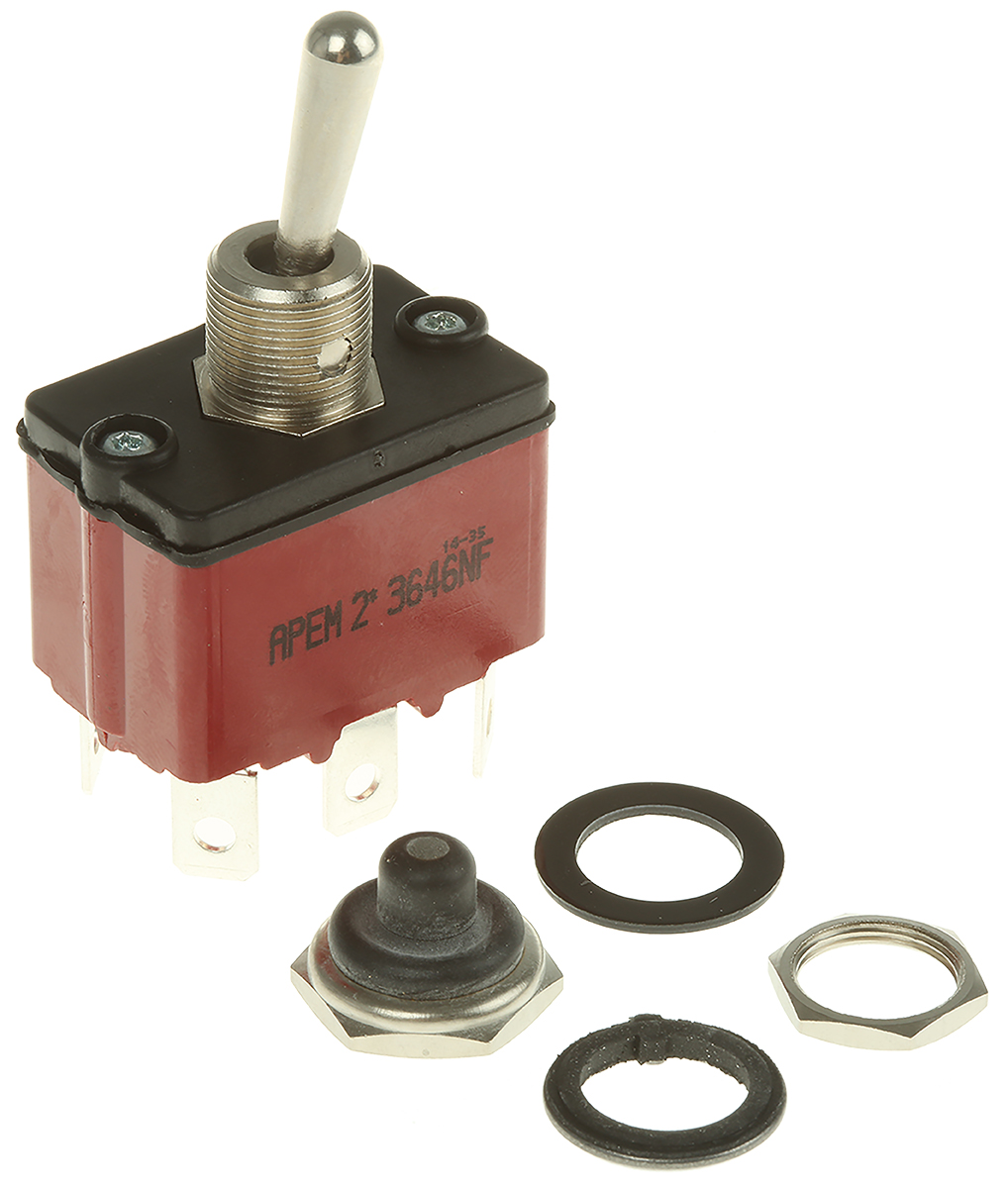 APEM Toggle Switch, Panel Mount, On-On, DPST, Tab Terminal, 28V dc