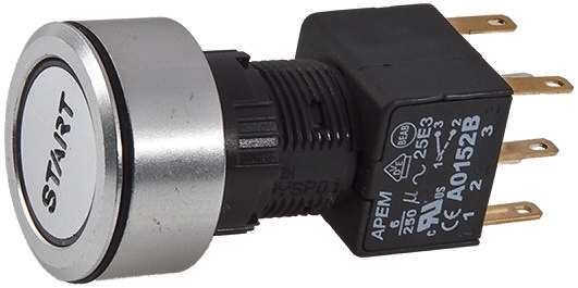 APEM Illuminated Push Button Switch, Momentary, Panel Mount, 16mm Cutout, DPDT, Green LED, 250V ac, IP65
