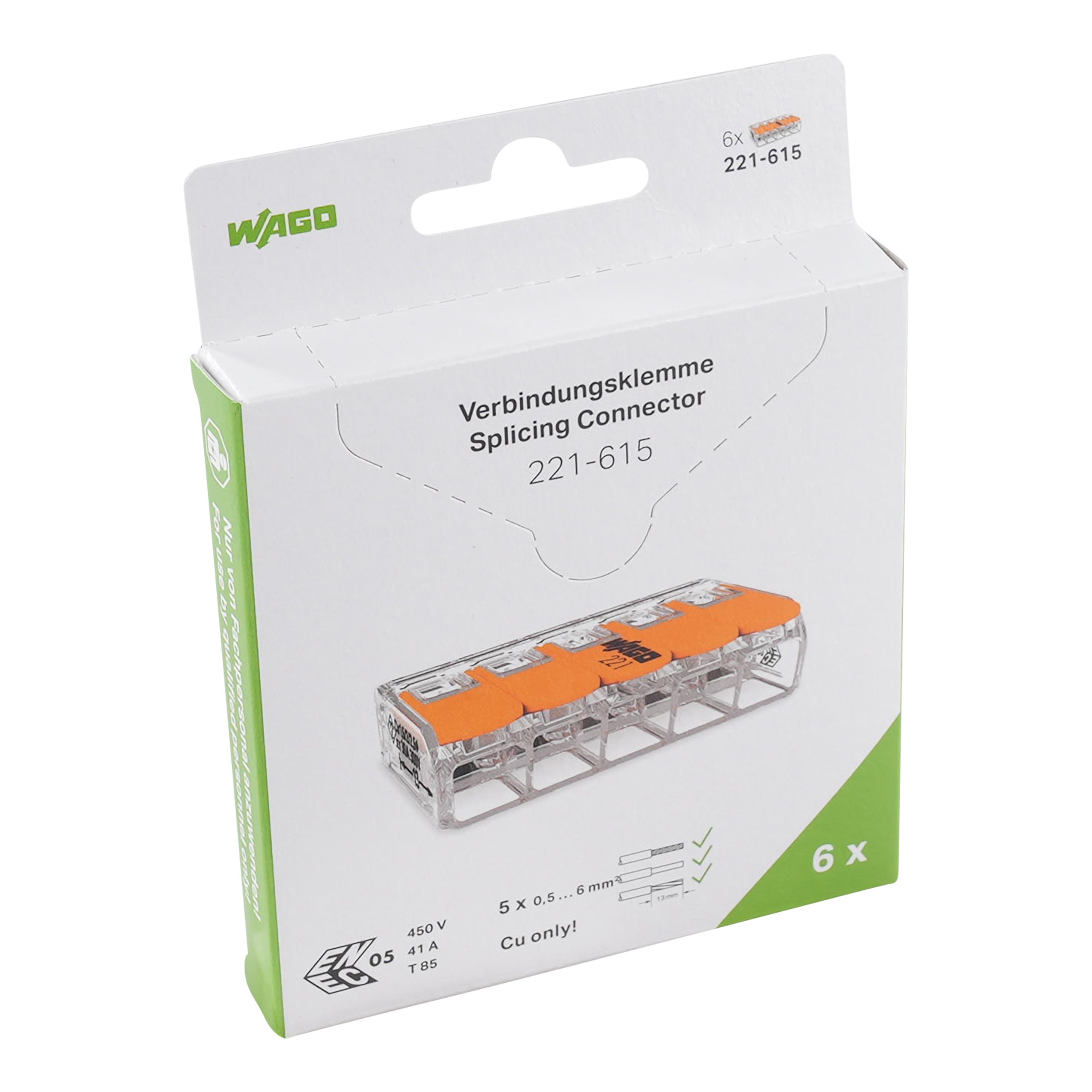 WAGO, 221 Wire Splice Splice Connector, Clear Insulation 6 mm²