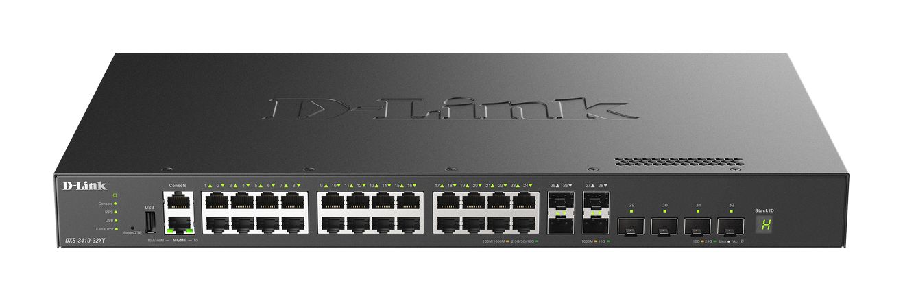 D-Link 10G Layer 3 Stackable Managed Switch 4 x 10G SFP+ ports and 4 x 10/25G SFP28 ports, Managed 32 Port Network