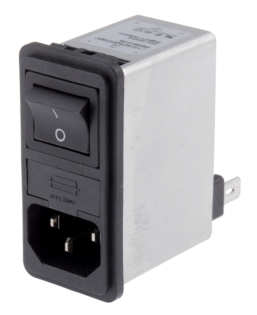 Schaffner 2A, 250 V ac Male Snap-In IEC Filter 2 Pole FN286-2-06, Faston 2 Fuse