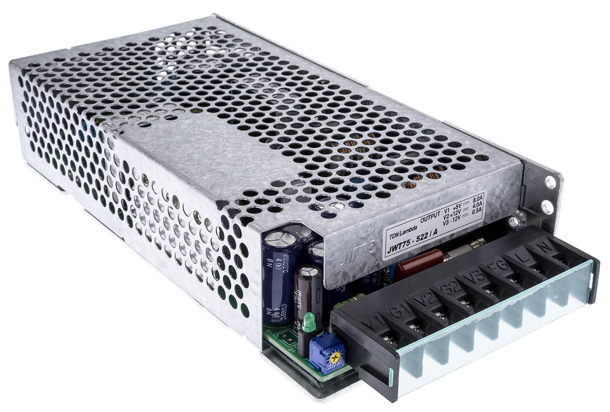 TDK-Lambda Switching Power Supply, JWT75-522/A, 5 V dc, ±12 V dc, 4 A, 8 A, 500 mA, 75W, Triple Output, 120 →
