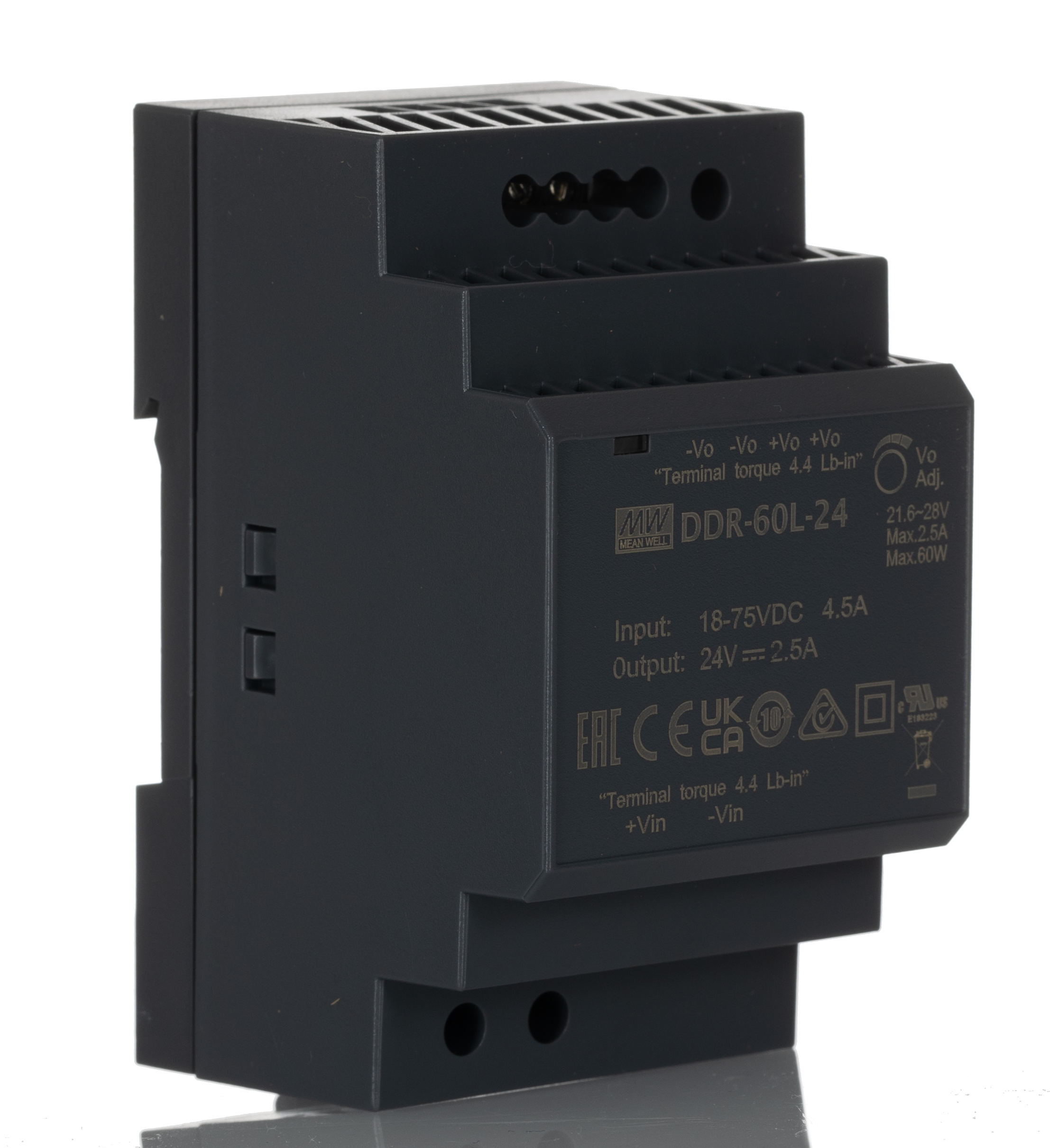 MEAN WELL DDR-60 DC-DC Converter, 24V dc/ 2.5A Output, 60W, DIN Rail Mount, +85°C Max Temp -40°C Min Temp