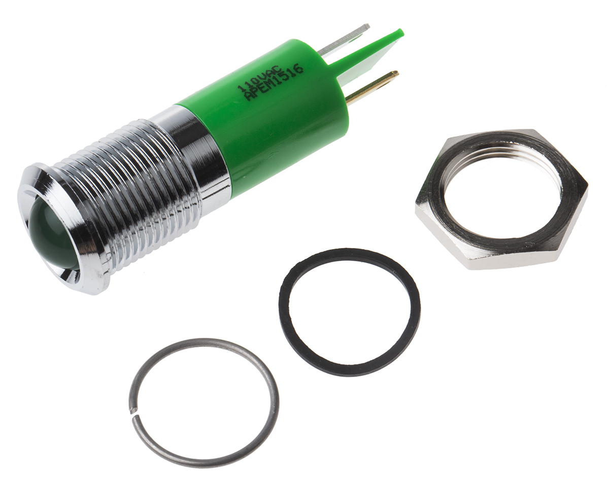 RS PRO Green Panel Mount Indicator, 110V ac, 14mm Mounting Hole Size, Faston, Solder Lug Termination, IP67