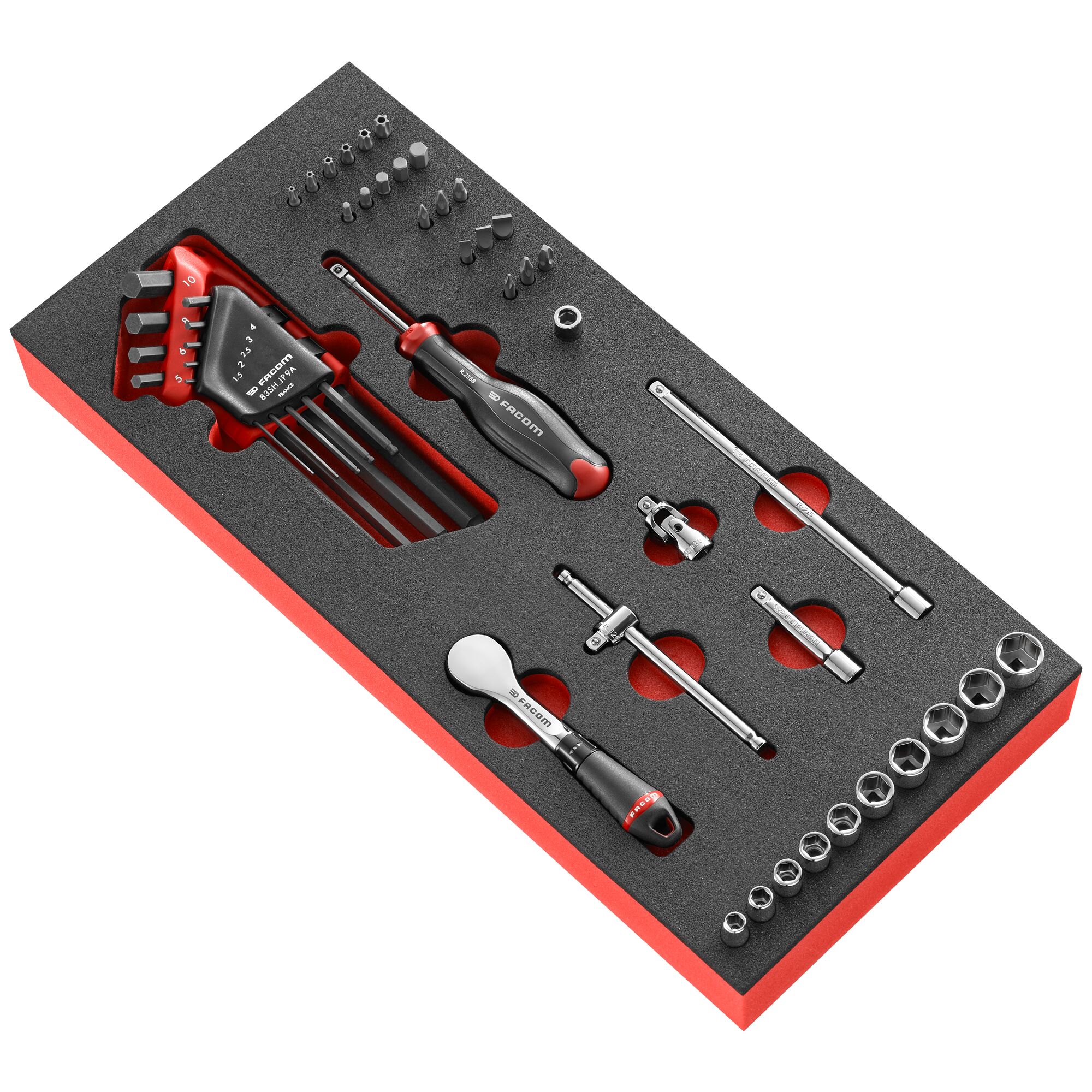 Facom 46-Piece Imperial 1/4 in Bit Socket Set with Ratchet, 6 point, Phillips Bit, Pozidriv Bit, Resistorx, Slotted Bit