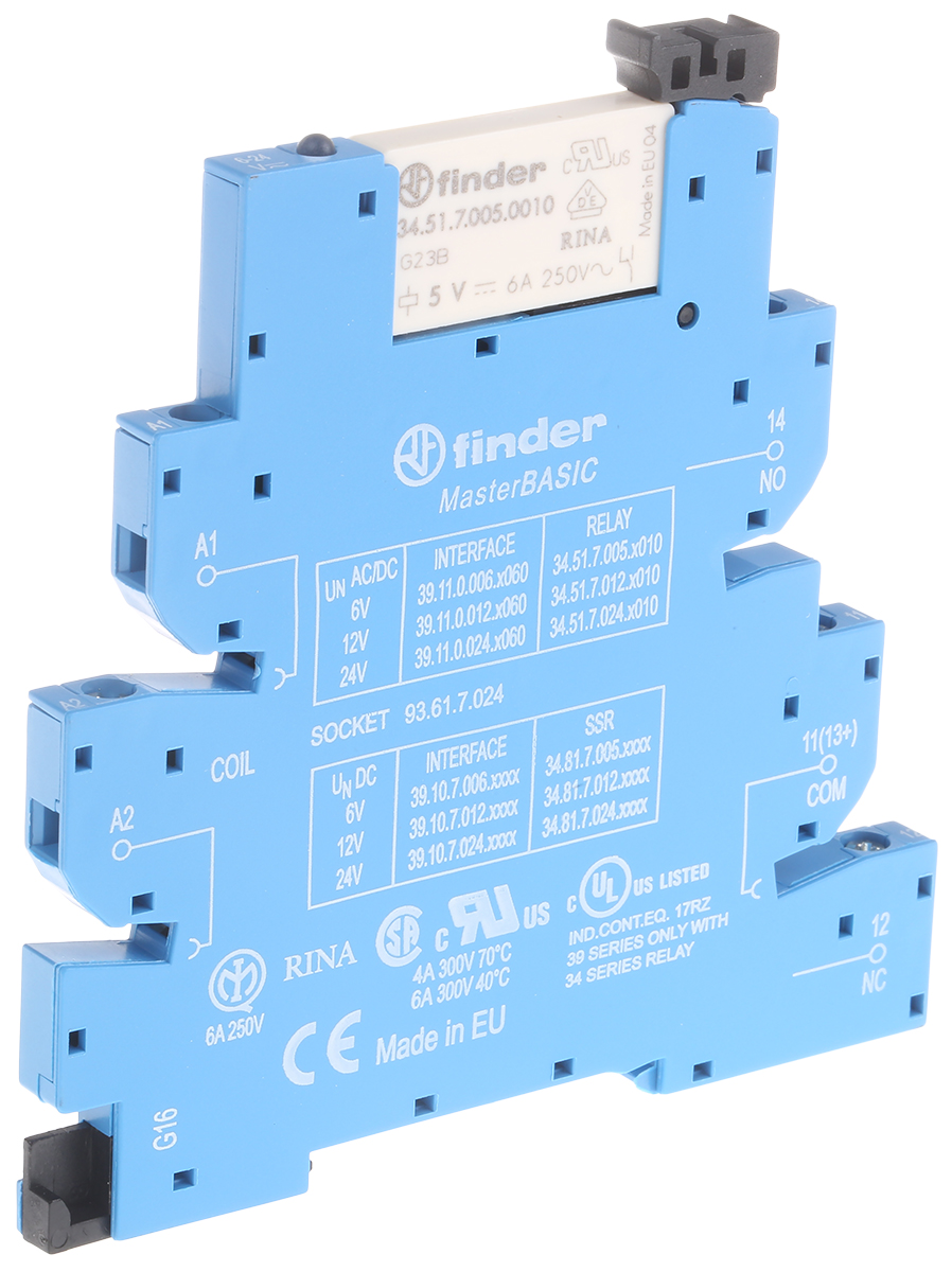 Finder 39 Series Interface Relay, DIN Rail Mount, 6V ac/dc Coil, SPDT, 1-Pole