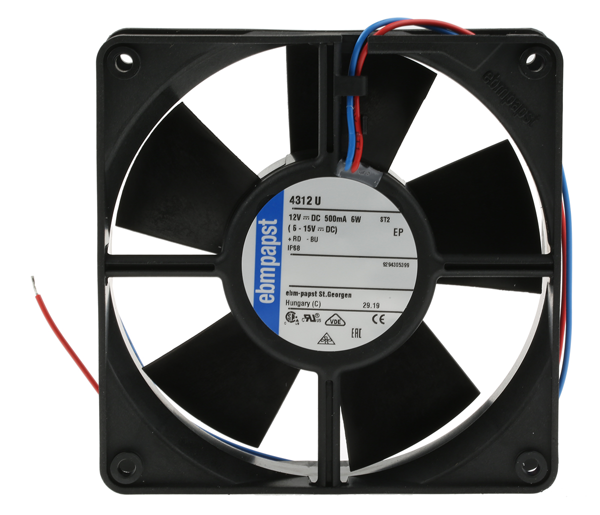 ebm-papst 4300 Series Axial Fan, 12 V dc, DC Operation, 170m³/h, 5W, 417mA Max, IP68, 119 x 119 x 32mm