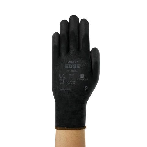 Ansell EDGE 48-126 Black Polyester Polyester Work Gloves, Size 5, Polyurethane Coating