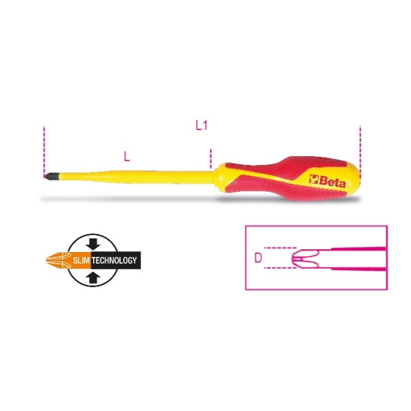 BETA Insulated Screwdriver, PH1 Tip, 80 mm Blade, VDE/1000V, 187 mm Overall