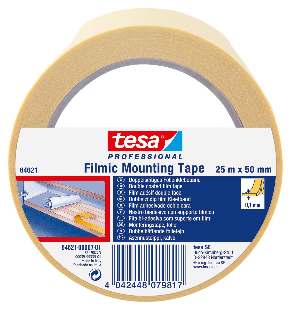 Tesa 64621 Transparent Double Sided Tape, 0.09mm Thick, PE - 6.5 N/cm, PP - 7.9 N/cm, PVC - 9.5 N/cm, Steel - 15 N/cm,