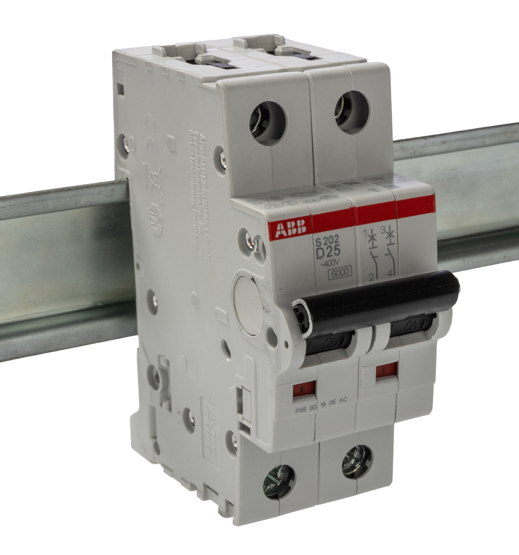 ABB System Pro M Compact S200 MCB, 2P, 25A Curve D, 400V AC, 125V DC, 10 kA Breaking Capacity