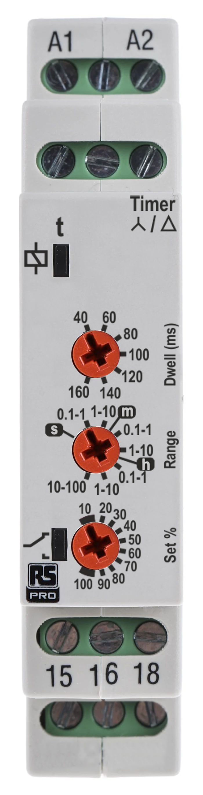 RS PRO DIN Rail, Surface Mount Timer Relay, 24 → 230V ac, 2-Contact, 0.1s to 100h, 1-Function, SPDT