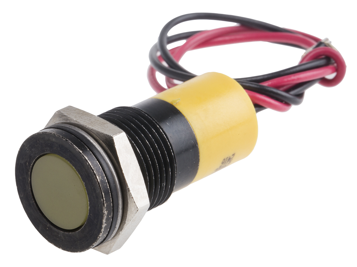 RS PRO Yellow Panel Mount Indicator, 24V dc, 14mm Mounting Hole Size, Lead Wires Termination, IP67
