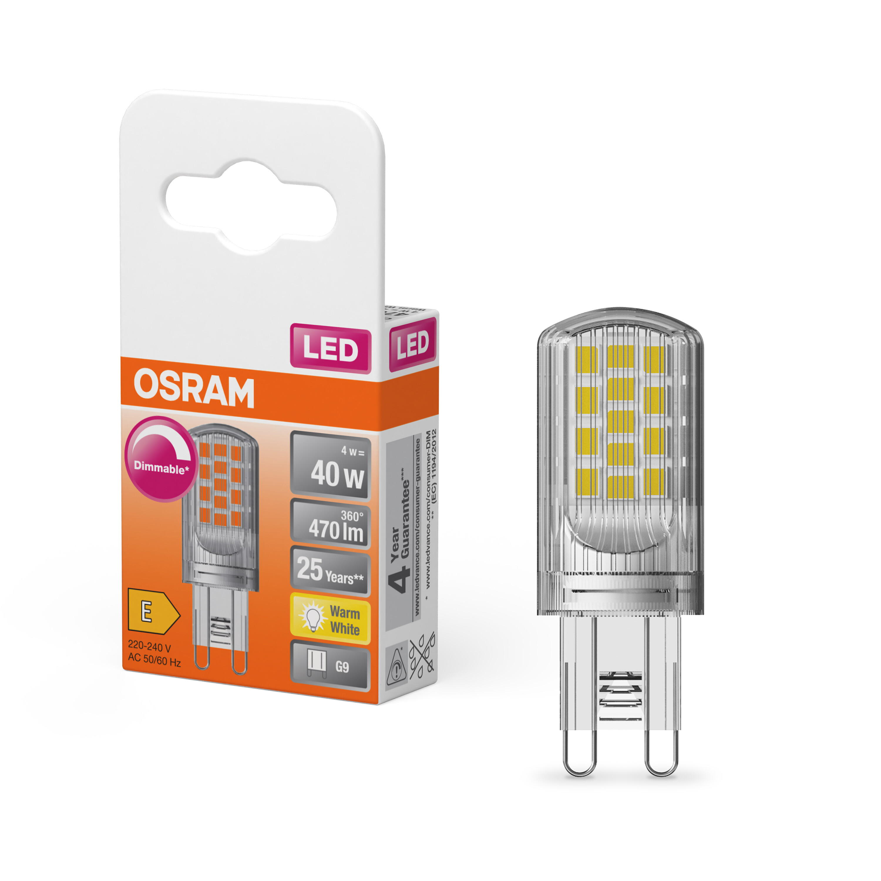 LEDVANCE 40580 G9 LED Bulbs 4 W(40W), 2700K, Warm White, Pin shape