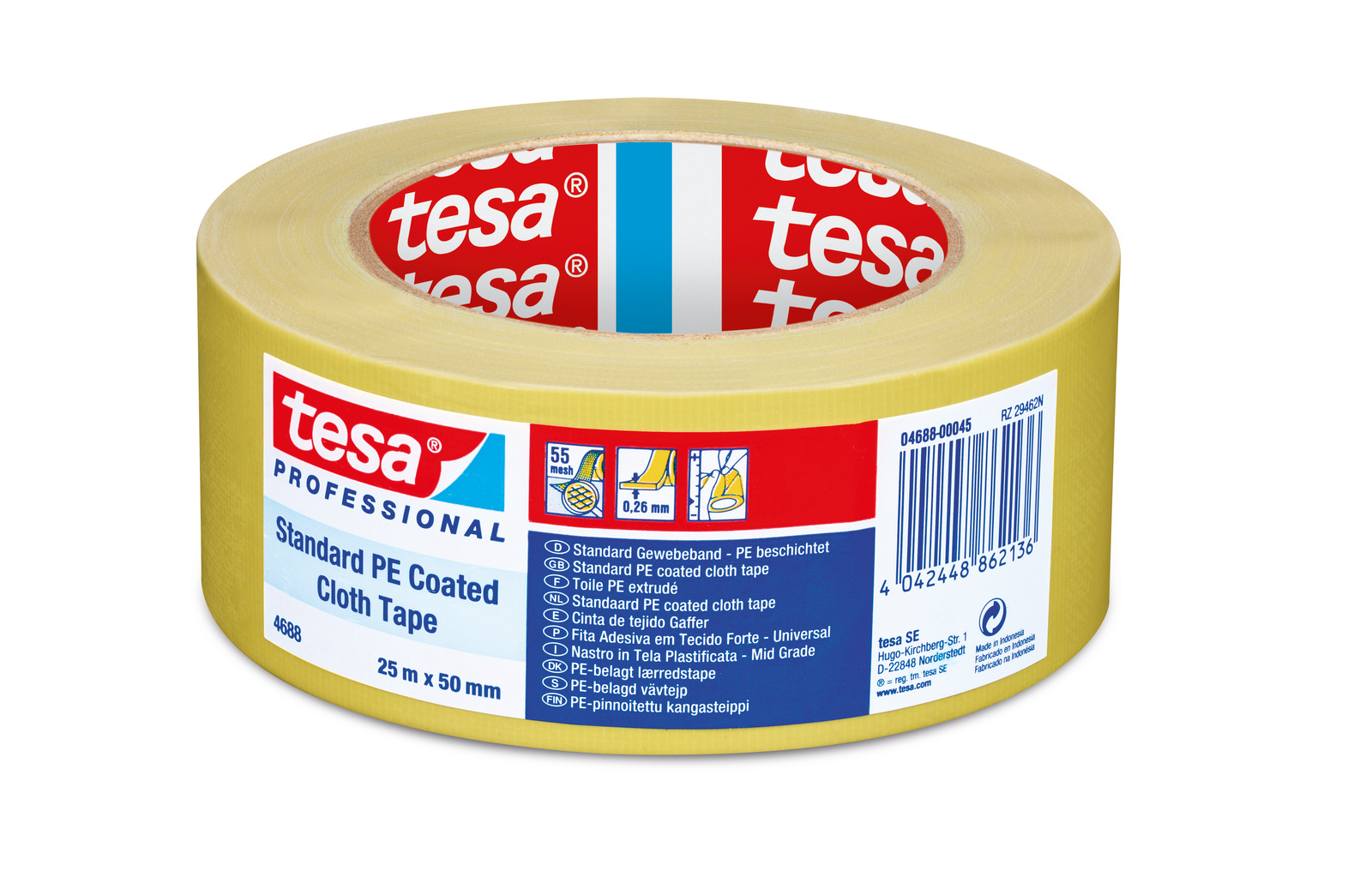 Tesa Tesa 4688 04688-00045 Cloth Tape, 25 x 50, Yellow, PE Coated Finish