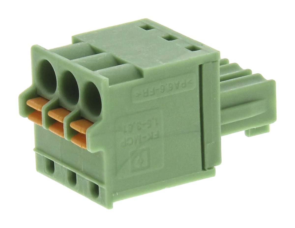Phoenix Contact, 3.81mm Pitch, FK-MCP 1.5/ 3-ST-3.81, 3 Way, , Pluggable Terminal Block, Plug, Cable Mount, Spring Cage