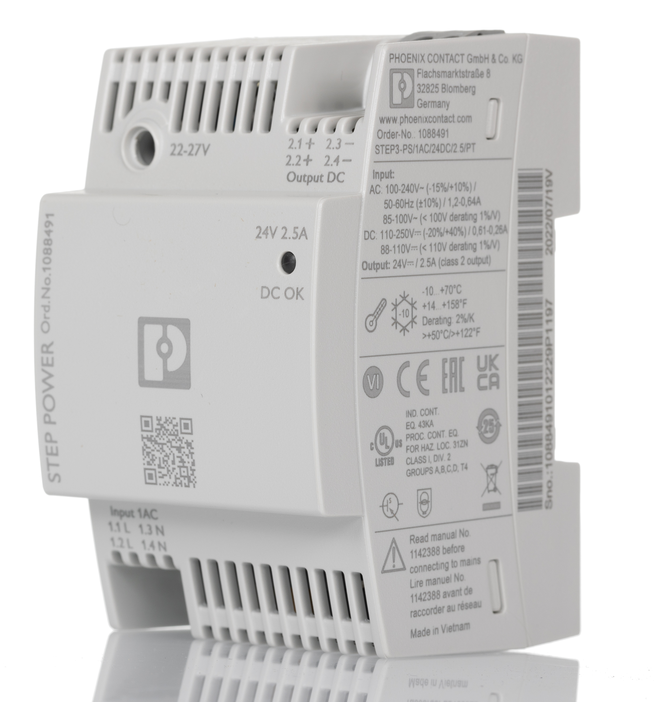 Phoenix Contact STEP POWER DIN Rail Power Supply, 100 → 240 V, 110 → 250 V ac Input, 24V dc dc Output,