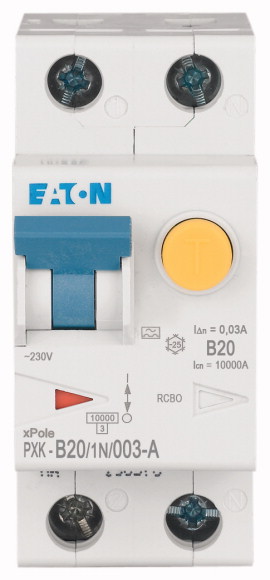 Eaton RCBO, 20A Current Rating, 1P+N Poles, 30mA Trip Sensitivity, Type B, PXK Range