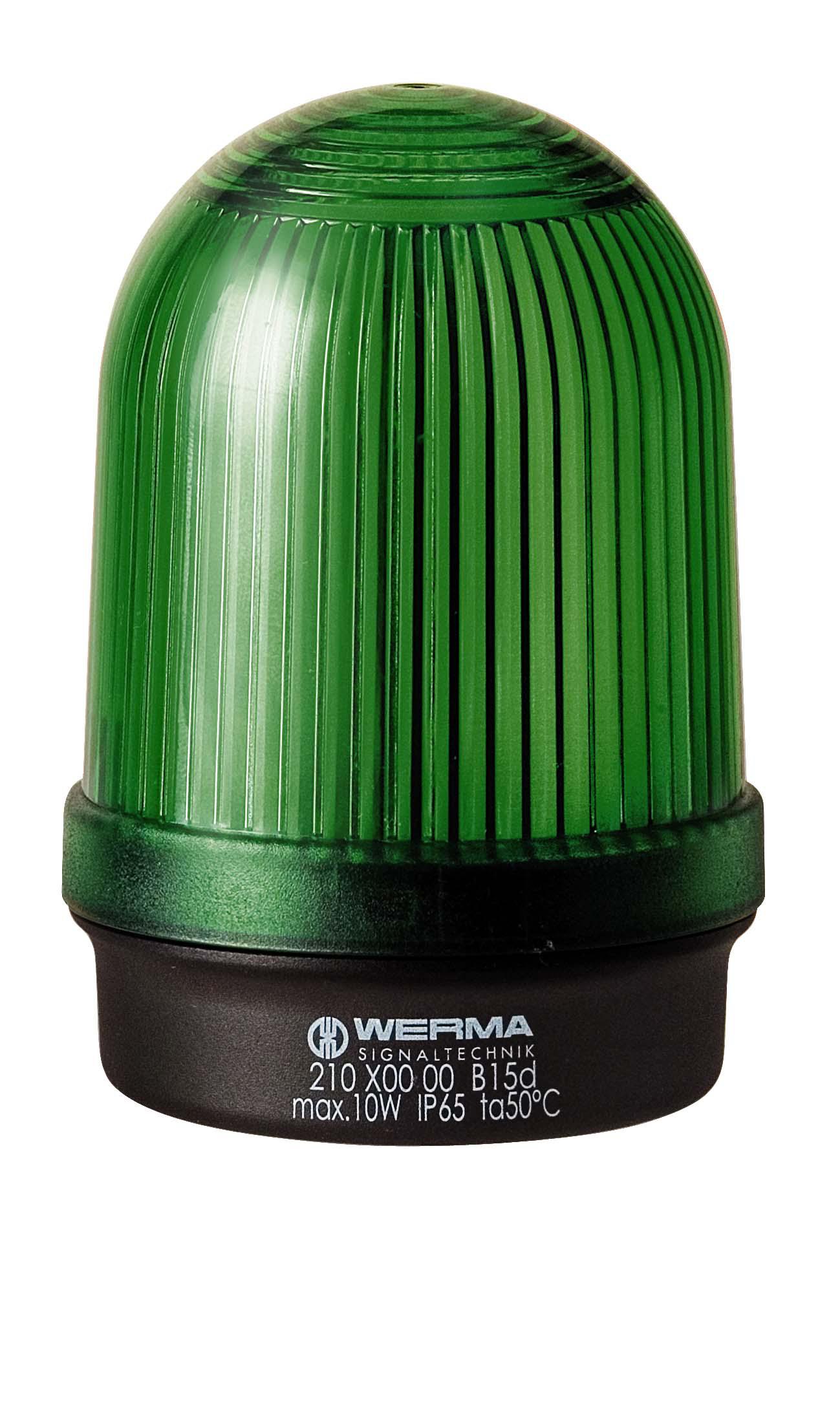 Werma 210 Series Green Continuous lighting Beacon, 12 → 230 V, Base Mount, BA 15d Bulb, IP65