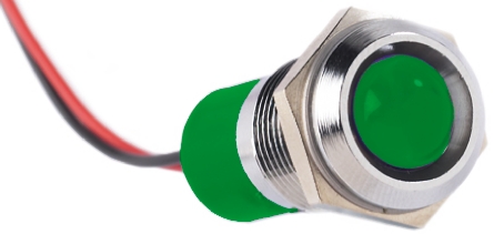 RS PRO Green Panel Mount Indicator, 12V dc, 14mm Mounting Hole Size, Lead Wires Termination, IP67
