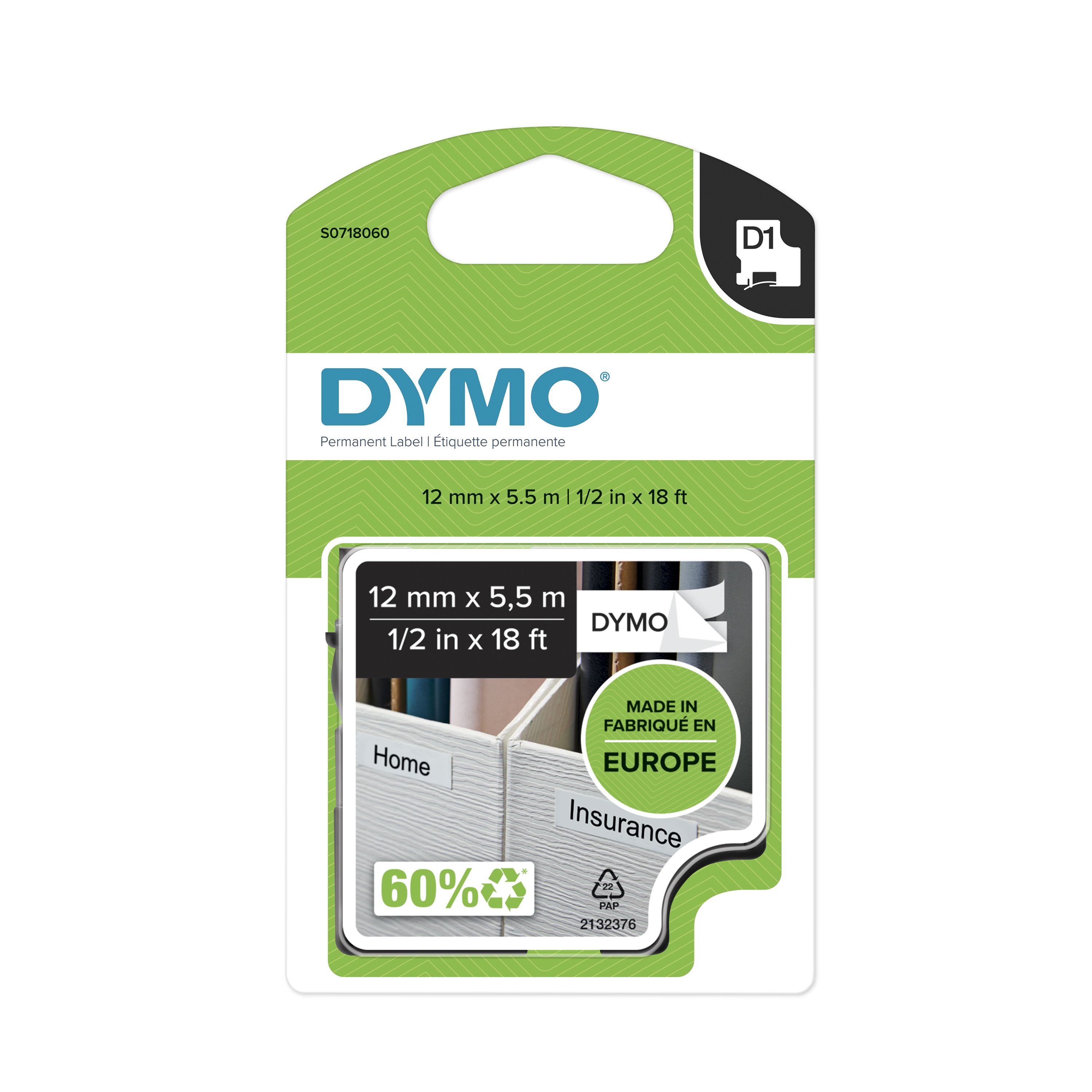 Dymo Black on White Label Printer Tape, 5.5 m Length, 12 mm Width