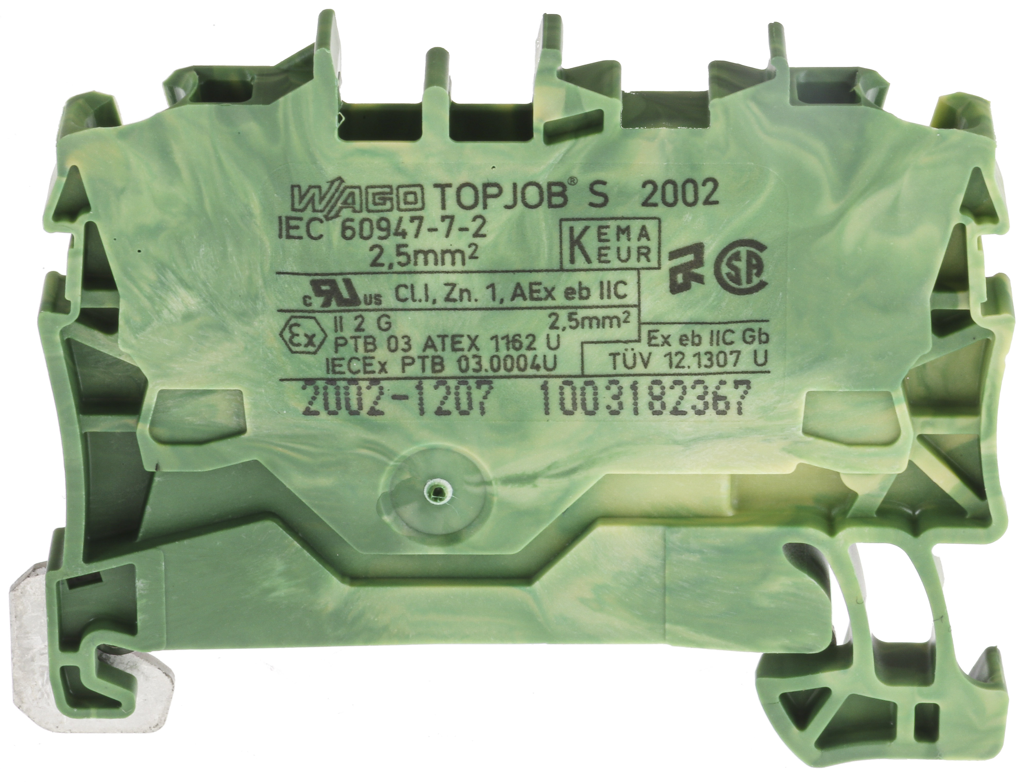 WAGO 2002-1207 TOPJOB S, 2002 Series Green/Yellow, 2.5mm², Single-Level, Push-In Cage Clamp Termination, ATEX, IECEx