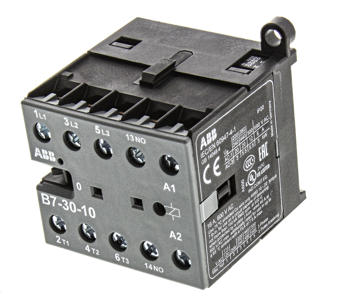 ABB B7 B Contactor, 230 V ac Coil, 3-Pole, 20 A, 5.5 kW, 3NO, 690 V ac