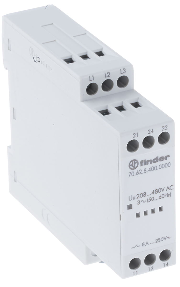 Finder Voltage Monitoring Relay, 3 Phase, DPDT, 208 → 480V ac, DIN Rail