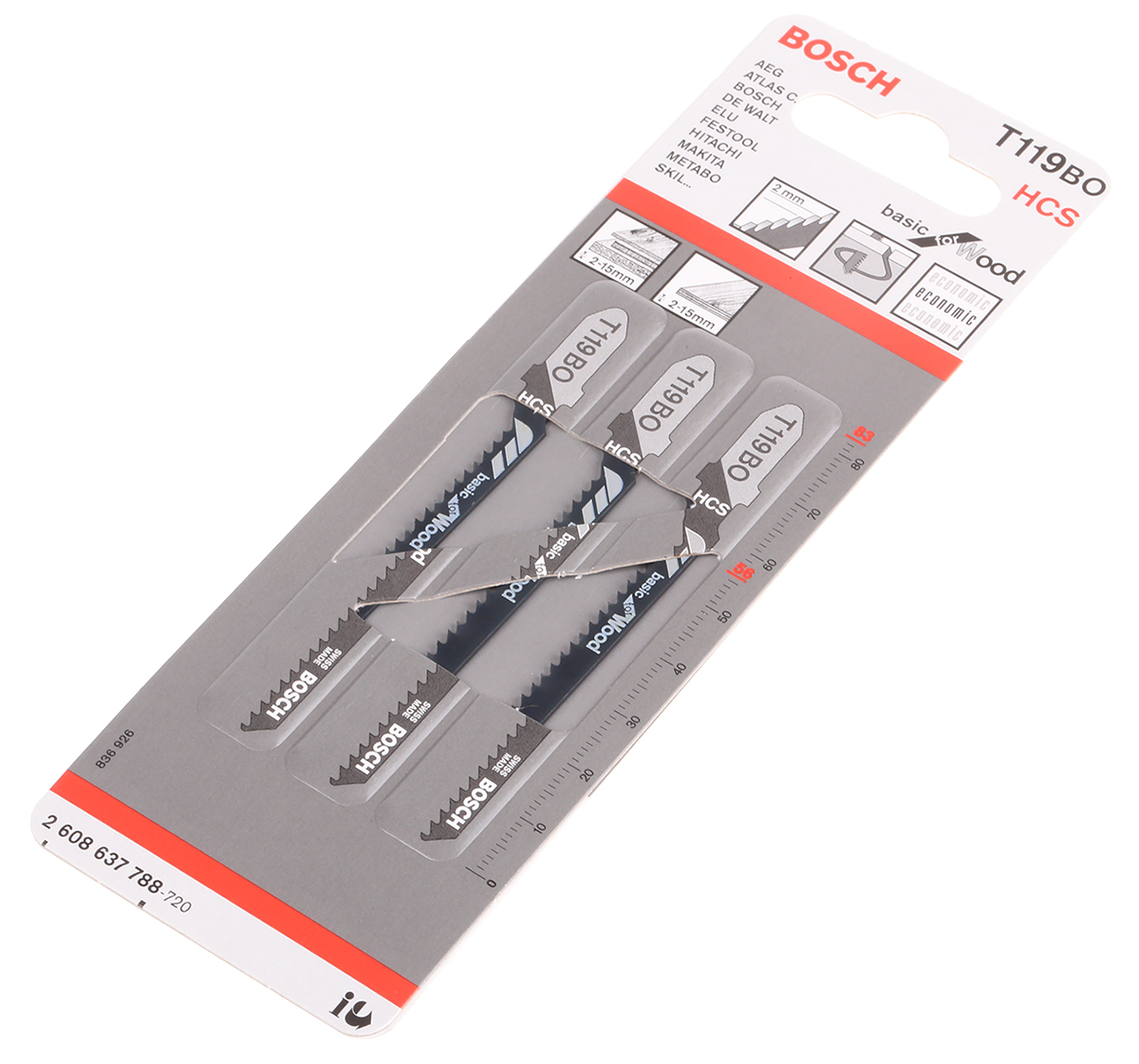 Bosch, 13 Teeth Per Inch Plaster Board 50mm Cutting Length Jigsaw Blade, Pack of 3