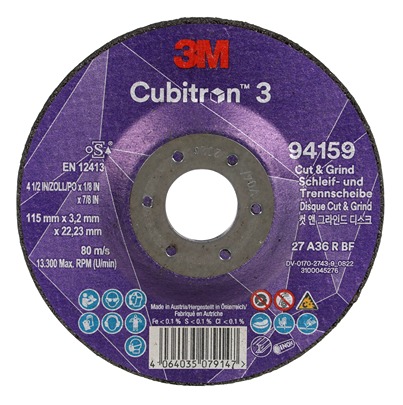 3M 94159 Ceramic Cutting Disc, 115mm x 3.2mm Thick, 36+ Grade, 10 in pack